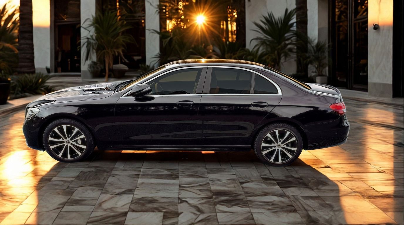 Mercedes Classe E 300e de profil au coucher du soleil